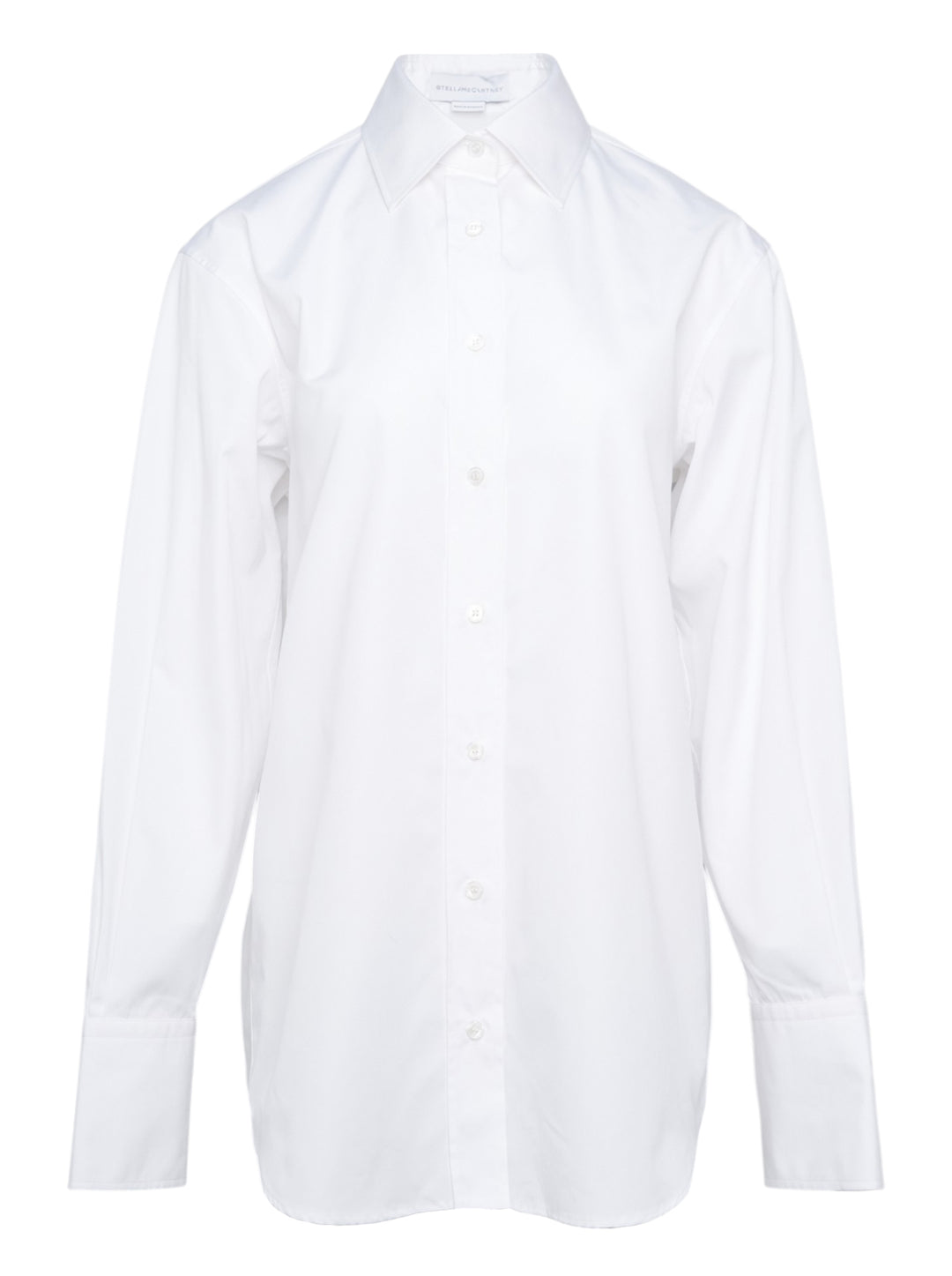 Stella McCartney white cotton poplin open-back shirt with classic pointed collar, full-length button front fastening, long sleeves, and buttoned cuffs