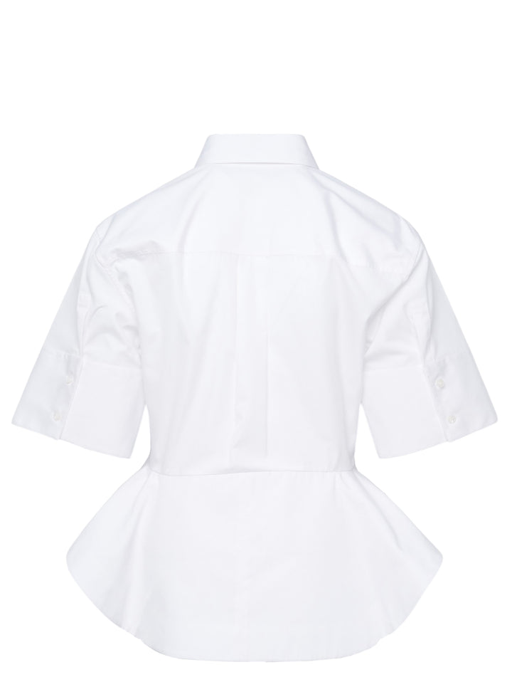Stella McCartney white cotton poplin peplum shirt with wide elbow-length sleeves, pointed collar, concealed button placket, and structured flared peplum hem - view 2