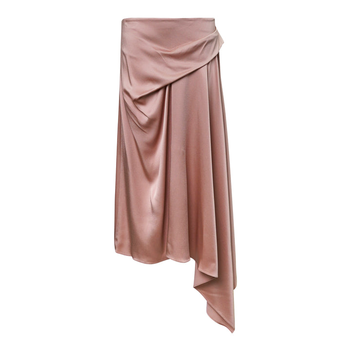 Stella McCartney blush rose draped satin asymmetric midi skirt with gathered ruched waist and waterfall hem