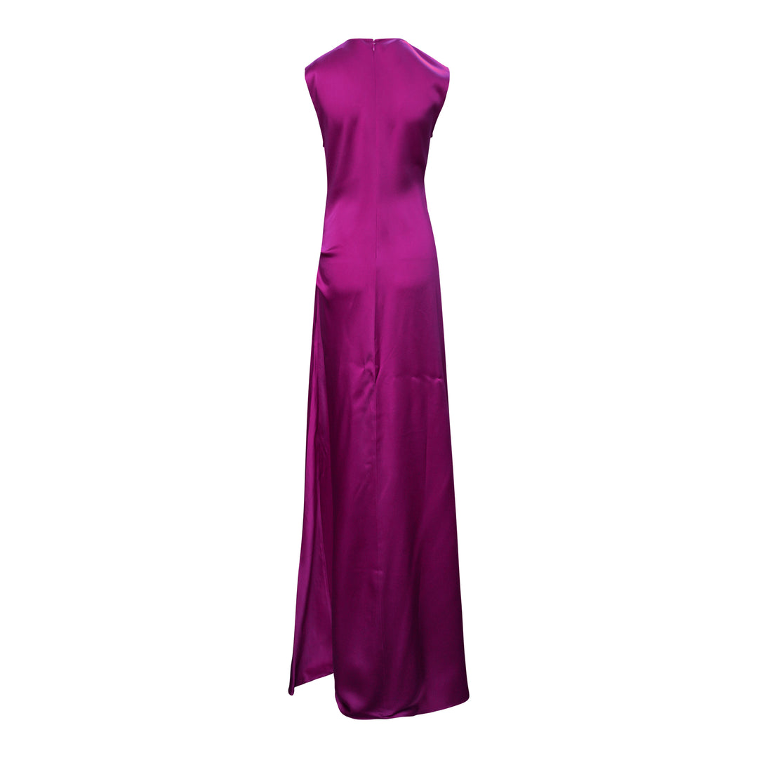 Stella McCartney Draped Satin Gown in magenta, sleeveless floor-length silhouette with gathered hip draping and luminous satin finish - view 2