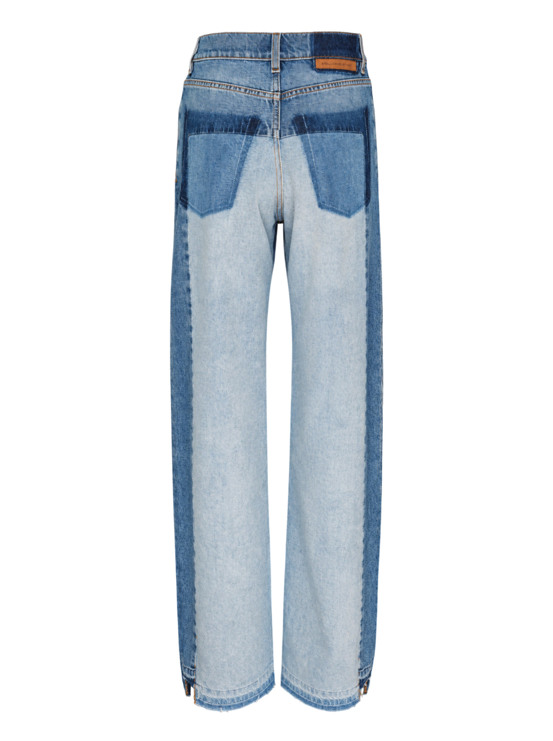 Stella McCartney Patchwork Straight Jeans in medium blue wash, featuring contrast lighter-wash denim panels at the thighs, high-rise waist, wide-leg silhouette, and raw-edge frayed hems - view 2
