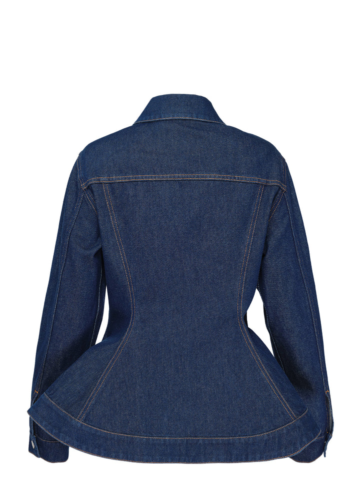 Stella McCartney peplum denim jacket in dark indigo with flared hem, chest flap pockets, silver buttons and contrast stitching - view 2