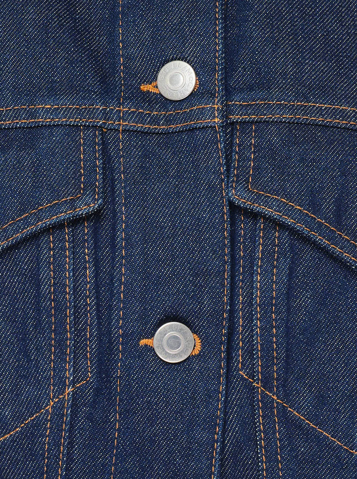 Stella McCartney peplum denim jacket in dark indigo with flared hem, chest flap pockets, silver buttons and contrast stitching - view 3