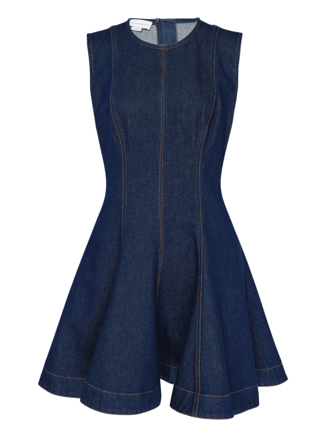 Stella McCartney sleeveless dark indigo denim mini dress with contrast topstitching, fitted seamed bodice and flared peplum skirt