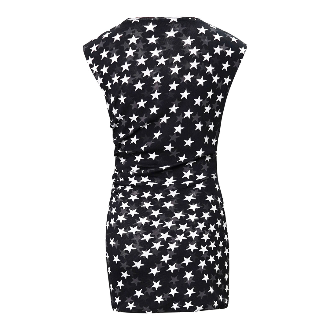 Stella McCartney black sleeveless mini dress in semi-sheer mesh fabric with all-over white star print and gathered ruche waist detail, shown on a flat lay against a white background - view 2