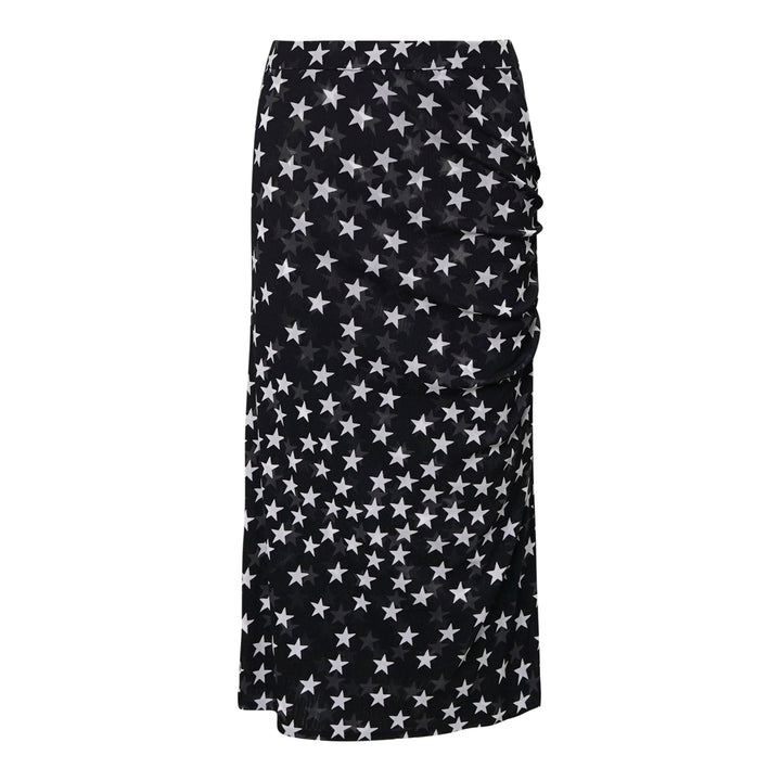 Stella McCartney black mesh midi skirt with all-over white star print and ruched side detailing, shown on a white background