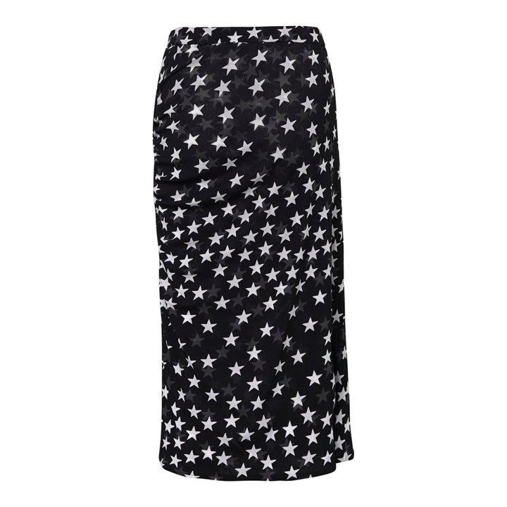 Stella McCartney black mesh midi skirt with all-over white star print and ruched side detailing, shown on a white background - view 2