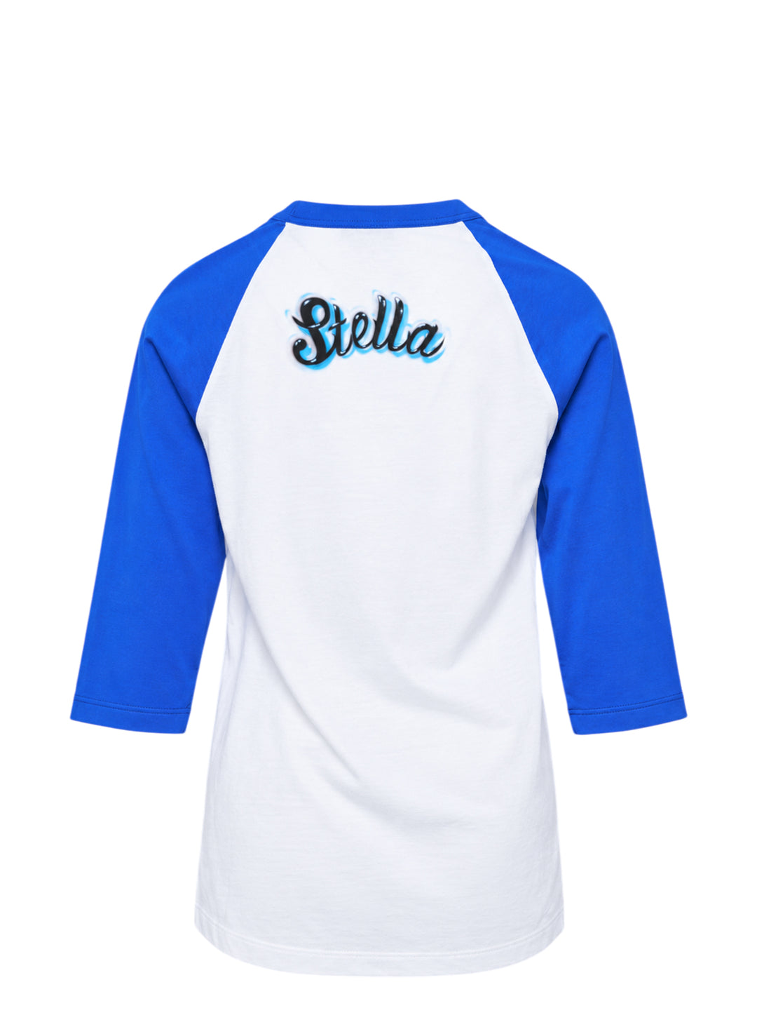 Stella McCartney Airbrush Horse Print Baseball Tee with 'Mane Attraction' script graphic on a white body and royal blue raglan three-quarter sleeves, shown flat on a white background - view 2