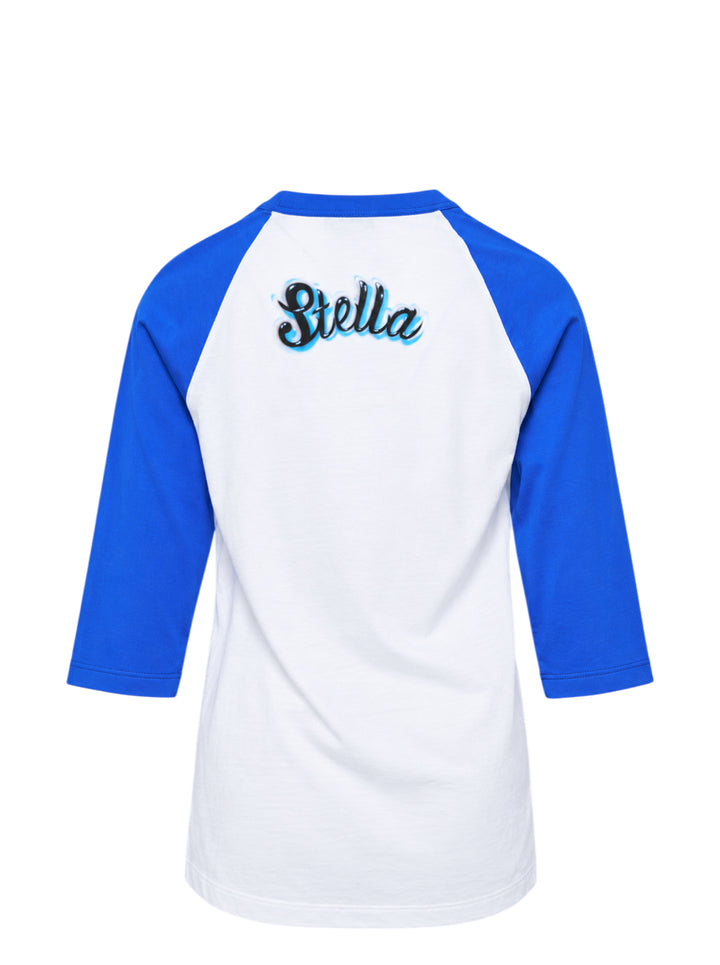 Stella McCartney Airbrush Horse Print Baseball Tee with 'Mane Attraction' script graphic on a white body and royal blue raglan three-quarter sleeves, shown flat on a white background - view 2