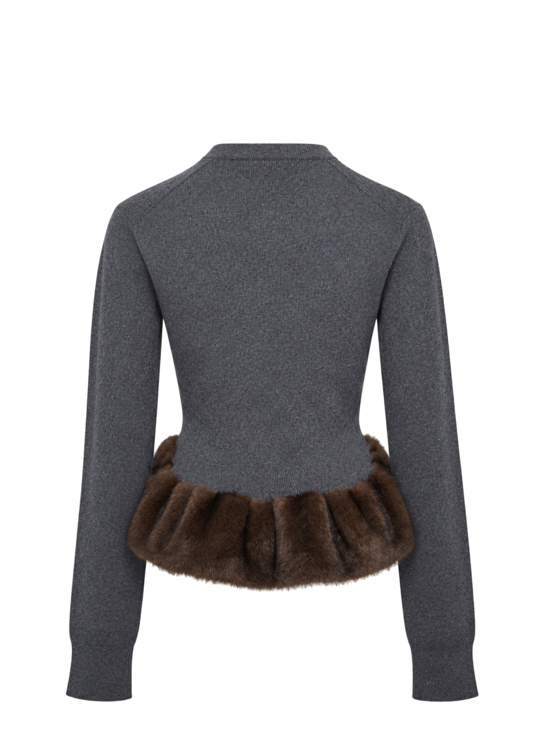 Stella McCartney grey wool crew neck jumper with Fur-Free-Fur™ ruffled peplum hem trim, Henley button placket, and long sleeves - view 2