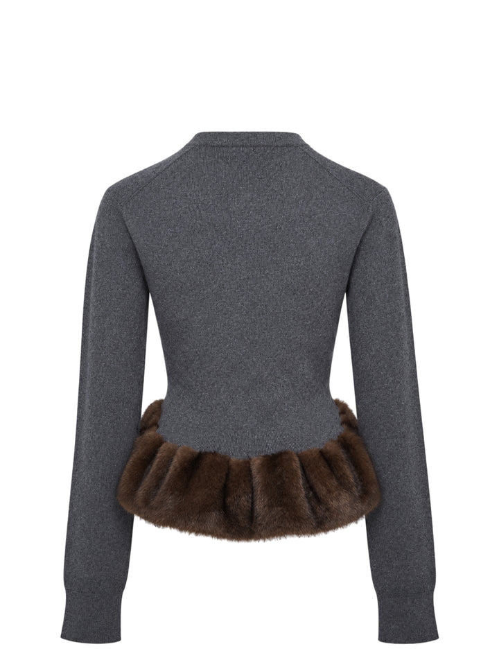 Stella McCartney grey wool crew neck jumper with Fur-Free-Fur™ ruffled peplum hem trim, Henley button placket, and long sleeves - view 2