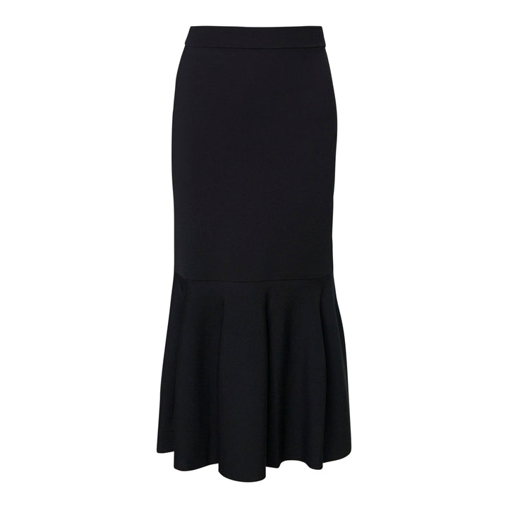 Stella McCartney Compact Knit Flared Midi Skirt in black, featuring a fitted silhouette with a wide waistband and a dramatic flounced hem panel, photographed flat on a white background