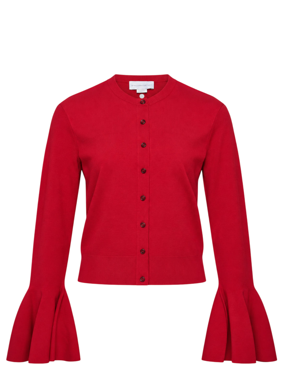 Stella McCartney red compact knit button-front cardigan with dramatic fluted bell sleeves and tonal dark red buttons