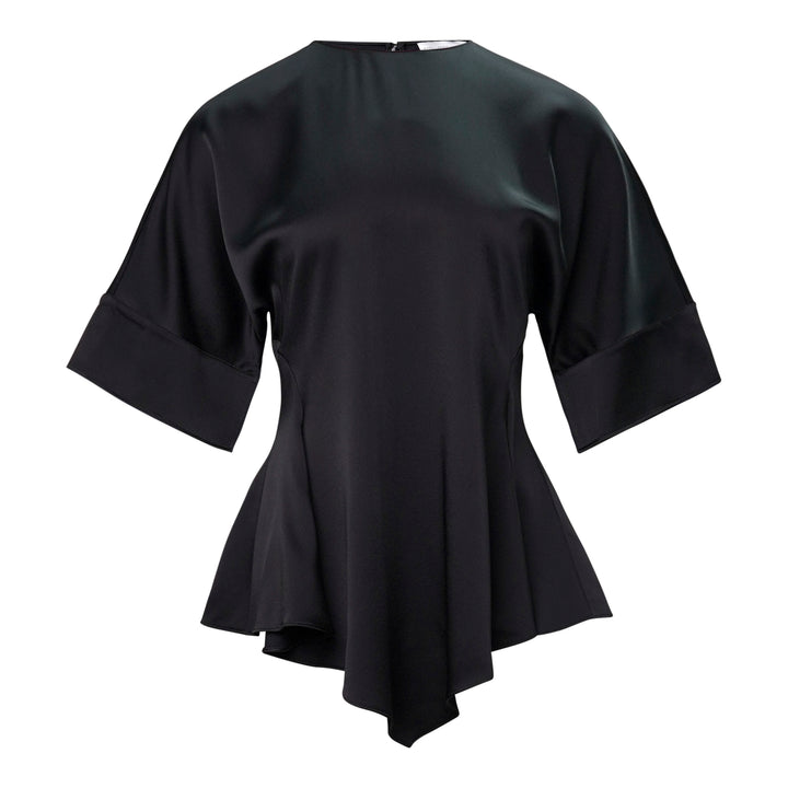 Stella McCartney black satin peplum top with wide folded cuffs, fitted waist, and asymmetric flared hem, photographed on a white background