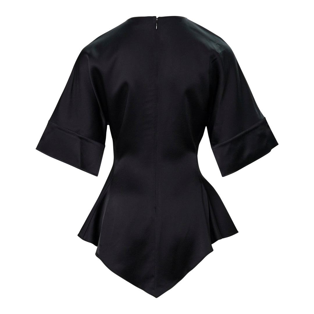 Stella McCartney black satin peplum top with wide folded cuffs, fitted waist, and asymmetric flared hem, photographed on a white background - view 2