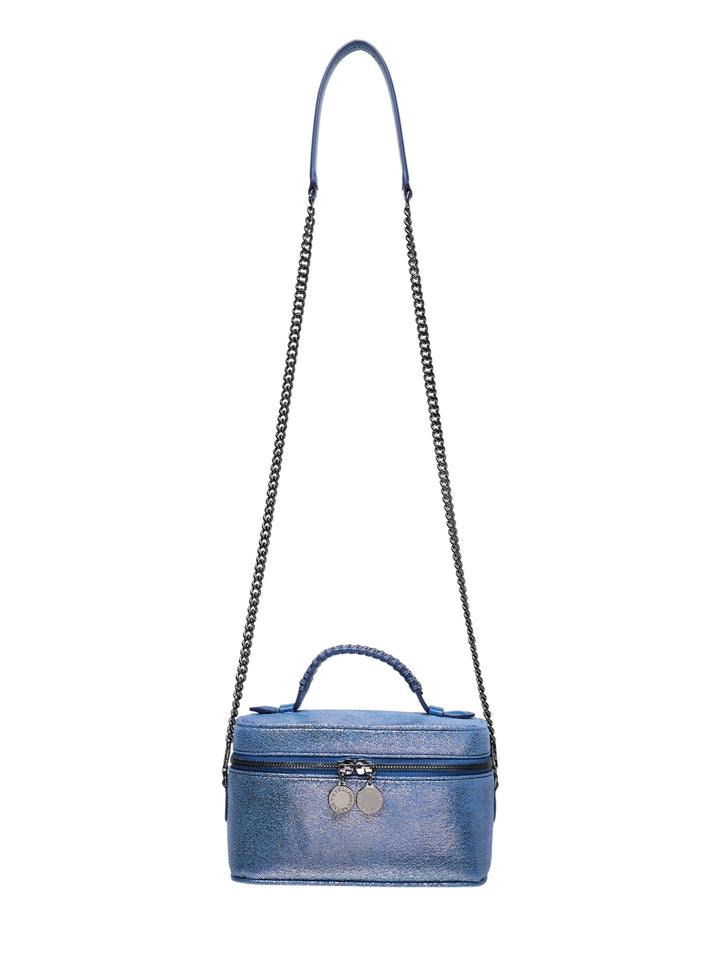 Stella McCartney Falabella Vanity Case crossbody bag in iridescent metallic blue with gunmetal chain strap and braided top handle