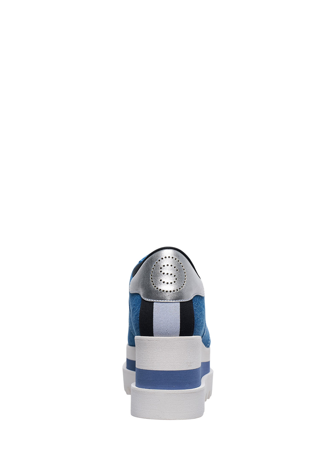 Stella McCartney Sneakelyse flatform sneaker in vintage washed blue denim with embroidered logo, silver heel counter, and a stacked white and blue striped platform sole with serrated tread - view 3