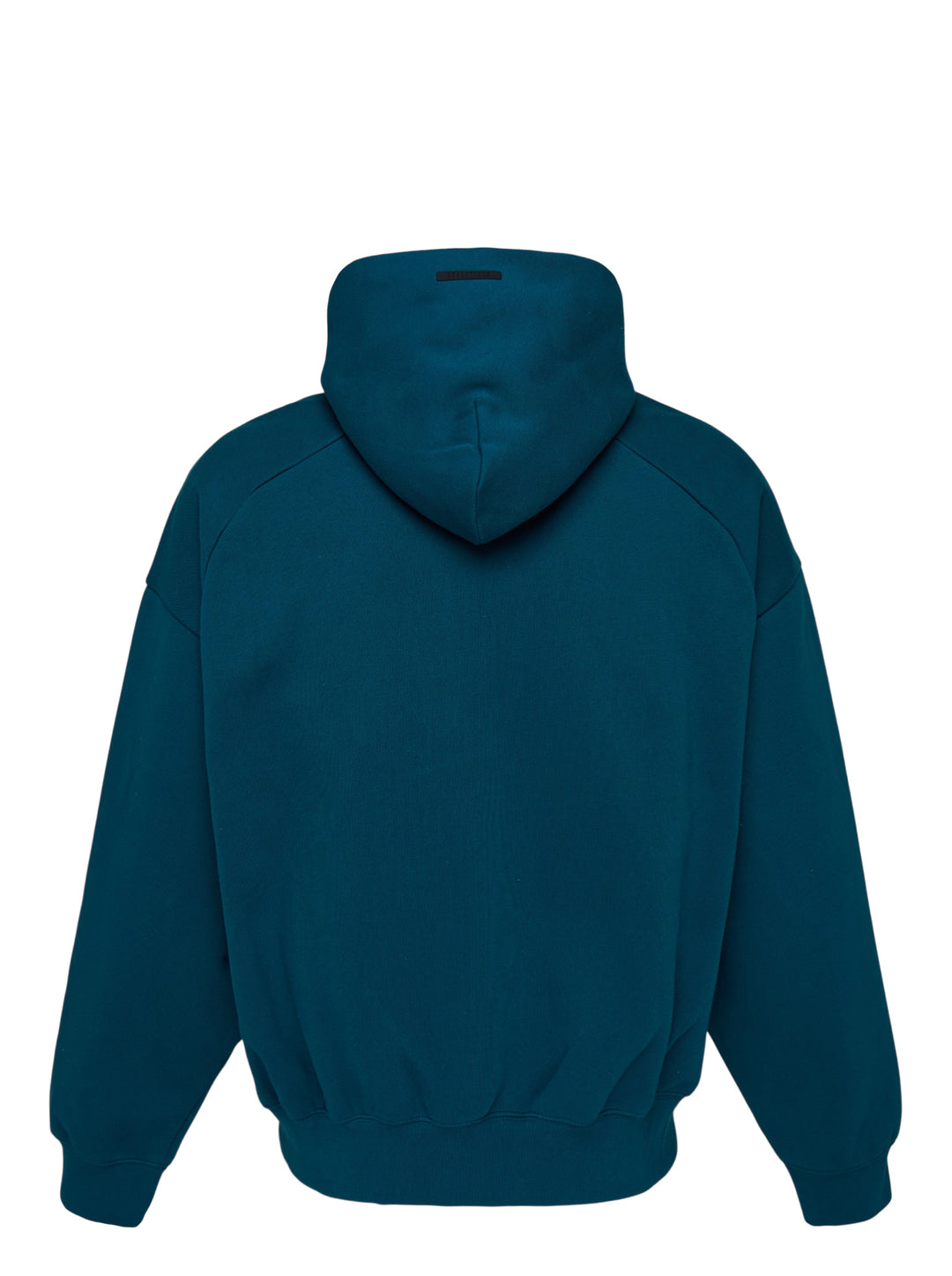 Fear of God Essentials Classic Raglan Hoodie in deep teal with white script logo across the chest and tonal textured shoulder panels - view 2