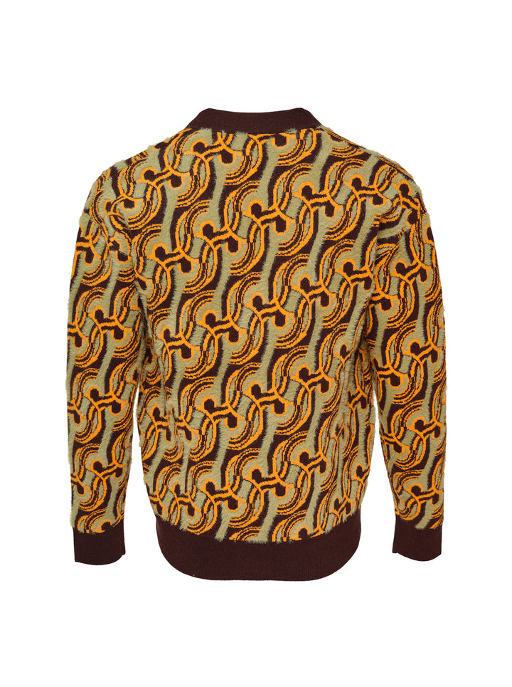 Drôle de Monsieur Mirror Abstrait Cardigan with all-over amber and sage swirl jacquard pattern, deep V-neck, burgundy ribbed trims, and horn-effect button fastening - view 2