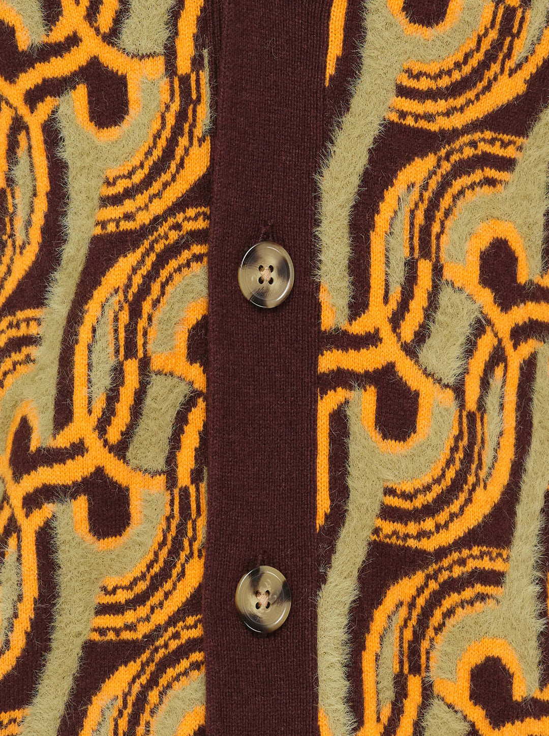 Drôle de Monsieur Mirror Abstrait Cardigan with all-over amber and sage swirl jacquard pattern, deep V-neck, burgundy ribbed trims, and horn-effect button fastening - view 3