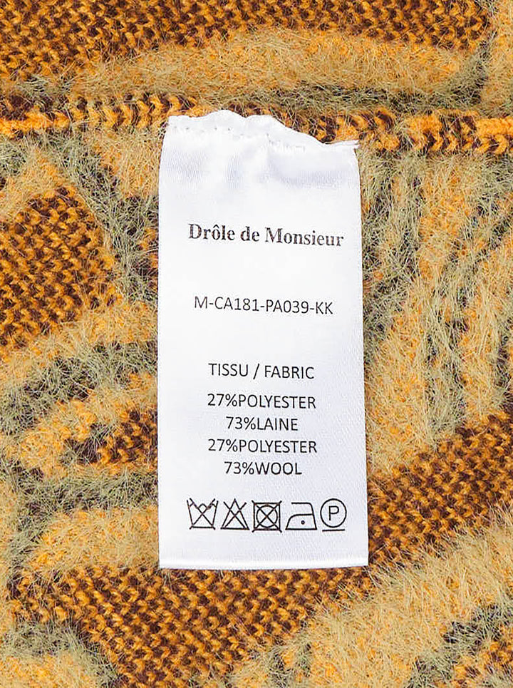 Drôle de Monsieur Mirror Abstrait Cardigan with all-over amber and sage swirl jacquard pattern, deep V-neck, burgundy ribbed trims, and horn-effect button fastening - view 4