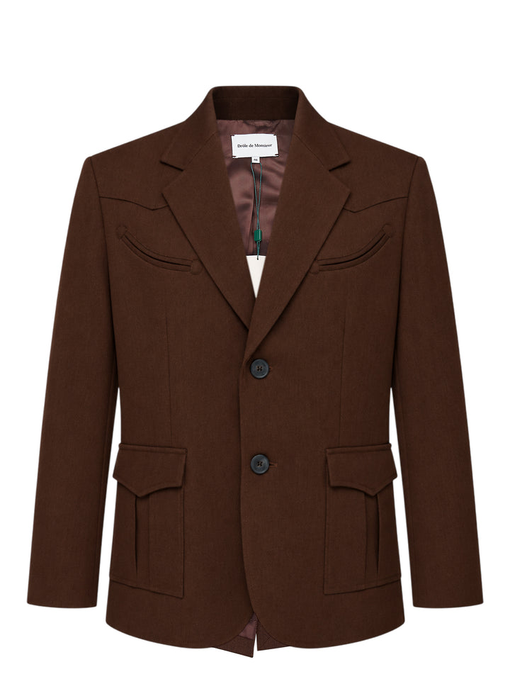 Drôle de Monsieur Western single-breasted jacket in chocolate brown with notched lapels, yoked shoulders, smile chest pockets and flap pockets
