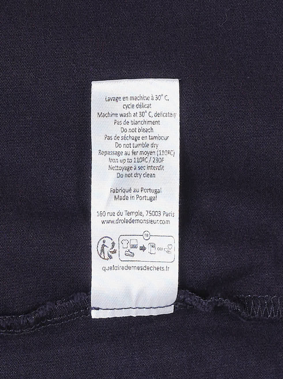 Drôle de Monsieur Slogan Long Sleeve Polo in navy with contrast white collar, striped ribbed cuffs, and 'Not From Paris Madame' chest embroidery - view 5