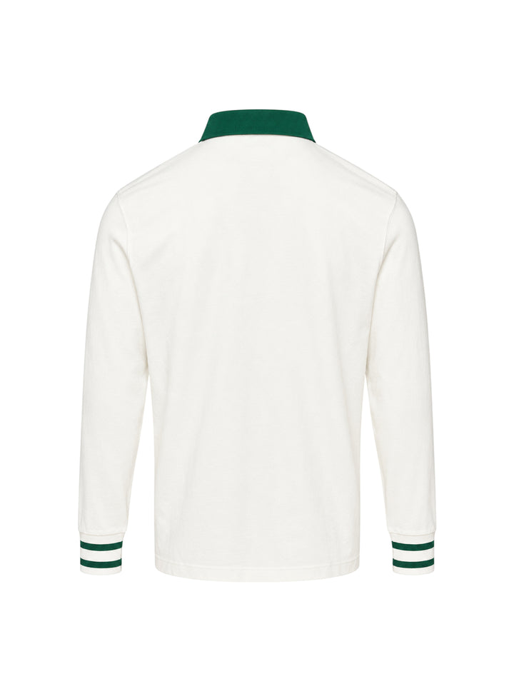 Drôle de Monsieur Slogan Long Sleeve Polo in cream with forest-green contrast collar, striped ribbed cuffs, and 'Not From Paris Madame' chest embroidery - view 2