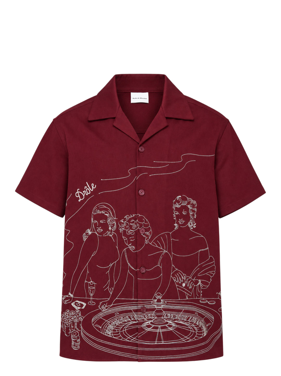 Drôle de Monsieur burgundy short sleeve camp collar shirt with white embroidered illustration of three women at a roulette table