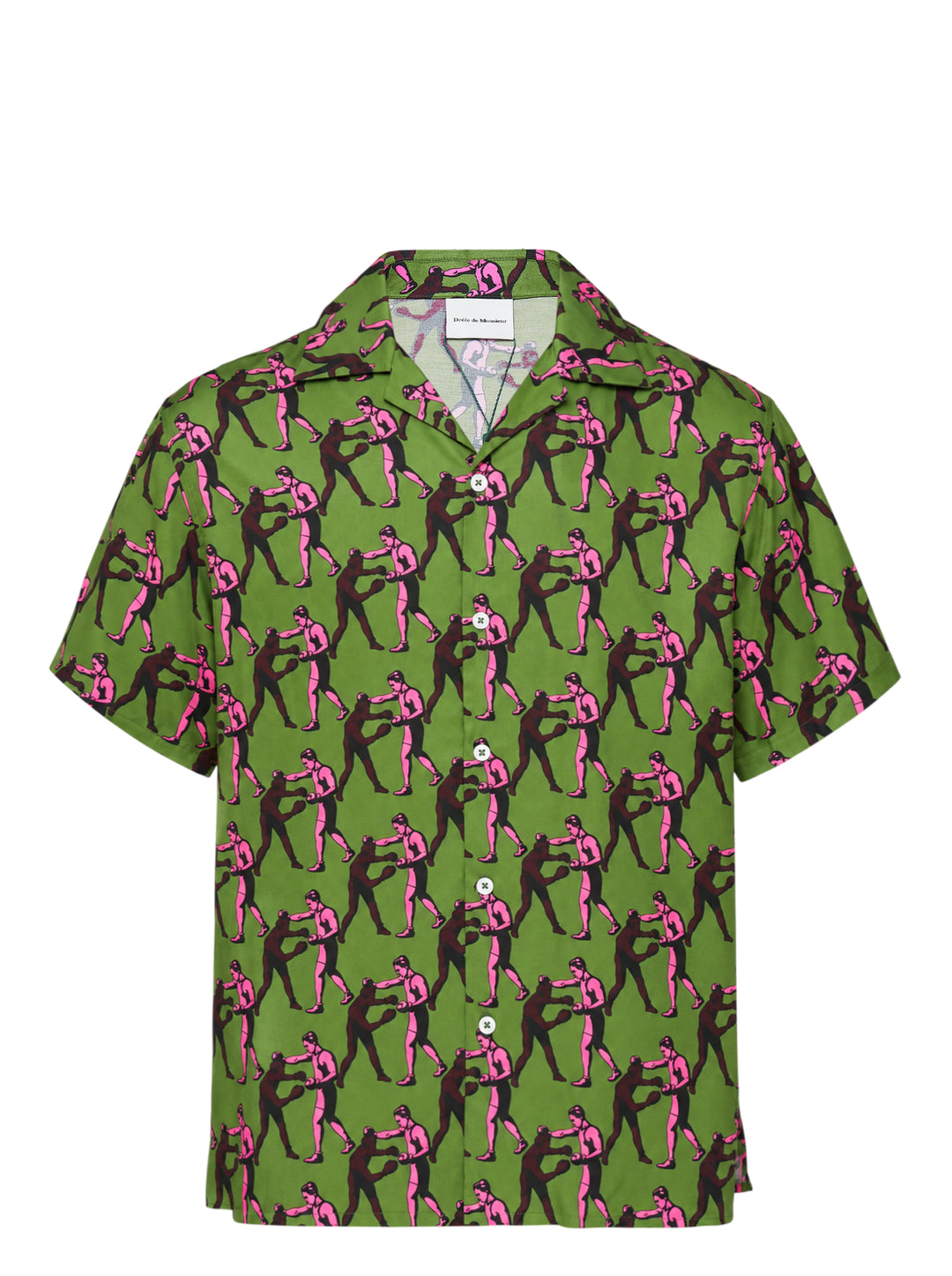 Drôle de Monsieur Notcha short sleeve shirt in green with an all-over pink and burgundy vintage boxing print, camp collar and white buttons