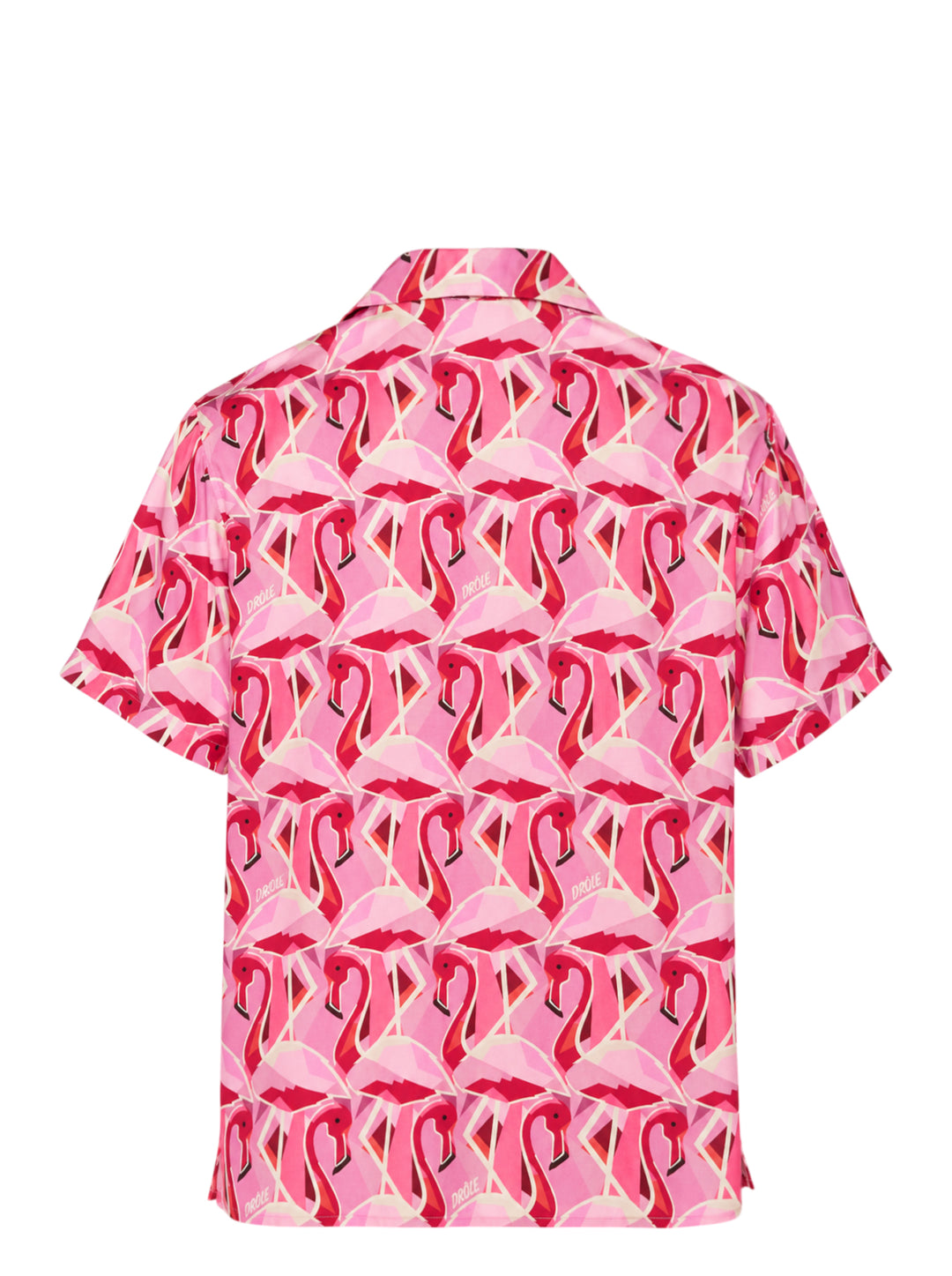 Drôle de Monsieur Notcha short sleeve shirt with an allover geometric pink and red flamingo print, camp collar and front button closure - view 2