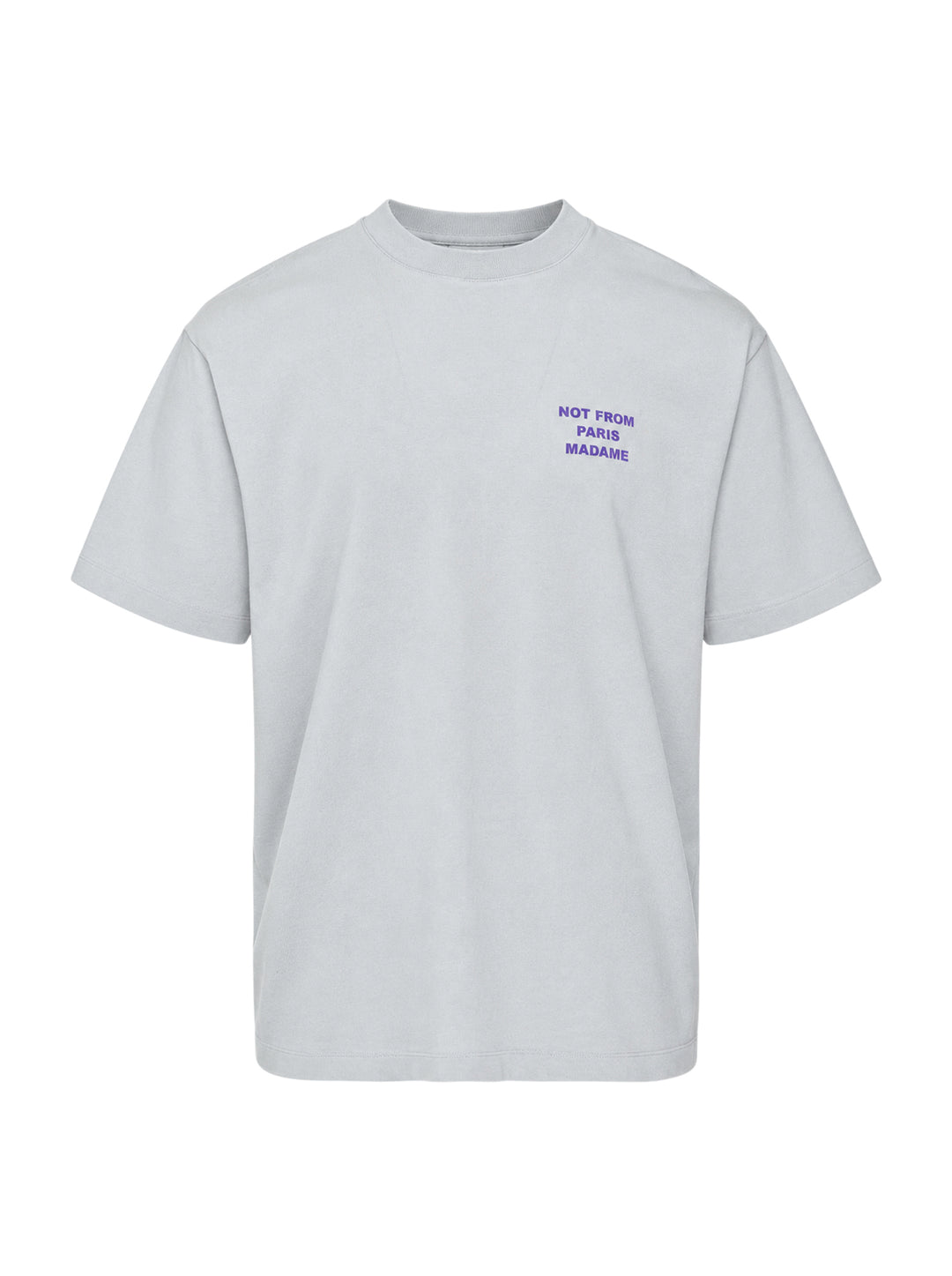 Drôle de Monsieur Not From Paris Madame pale grey oversized cotton tee with purple slogan print on the chest