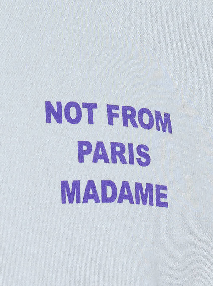 Drôle de Monsieur Not From Paris Madame pale grey oversized cotton tee with purple slogan print on the chest - view 3