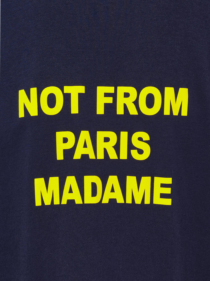 Drôle de Monsieur Not From Paris Madame navy short sleeve oversized tee with yellow slogan print on the chest - view 4