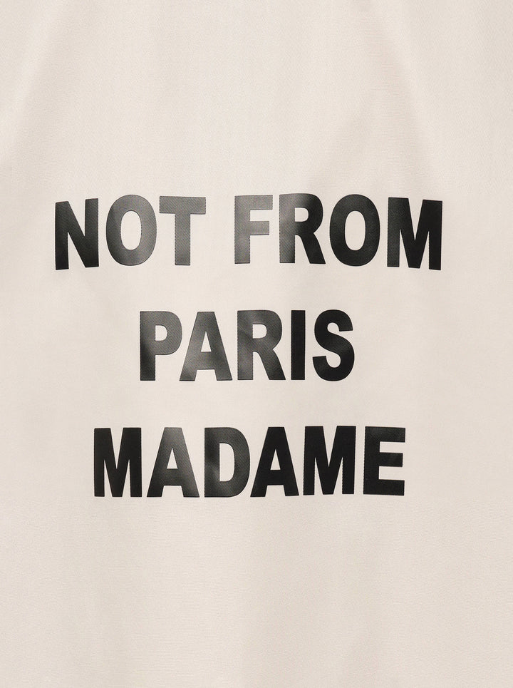 Drôle de Monsieur Not From Paris Madame slogan coach jacket in ecru with snap-button closure, point collar, elasticated cuffs, and embroidered chest slogan - view 4