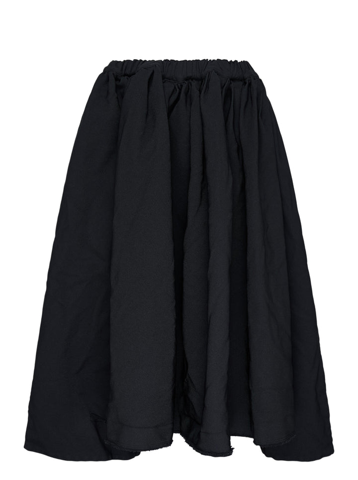 Comme des Garçons Comme des Garçons black garment-dyed polyester serge gathered midi skirt with elasticated waistband and raw-cut hem, shown flat on white background