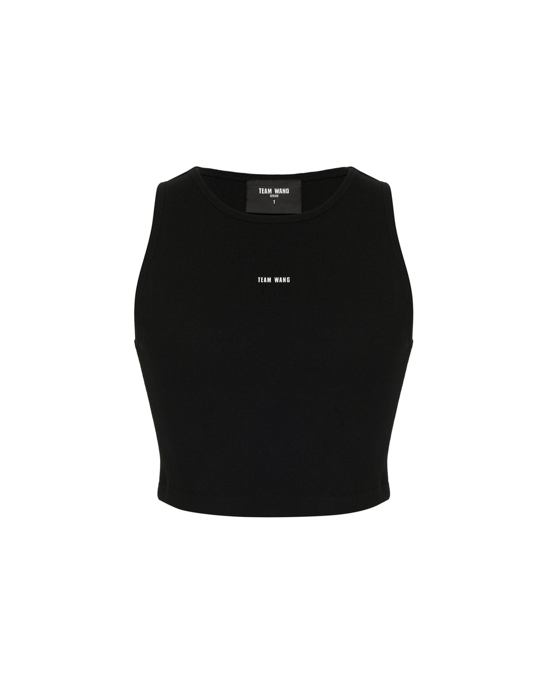TEAM WANG design Original 1 Tank Top in black — a fitted ribbed crop tank with a centred logo print and round neckline, shown front-facing on a white background
