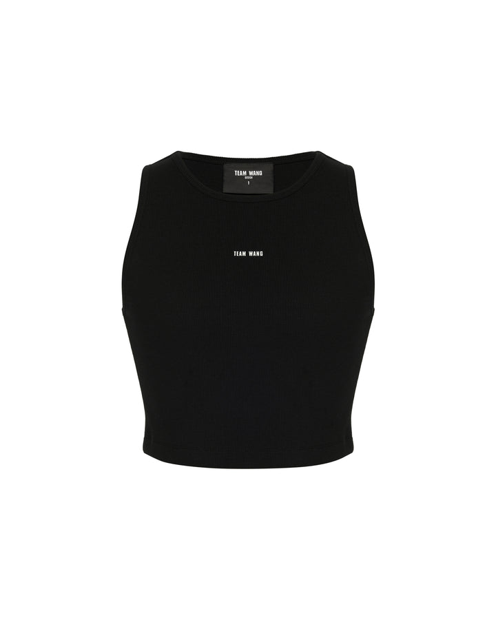 TEAM WANG design Original 1 Tank Top in black — a fitted ribbed crop tank with a centred logo print and round neckline, shown front-facing on a white background