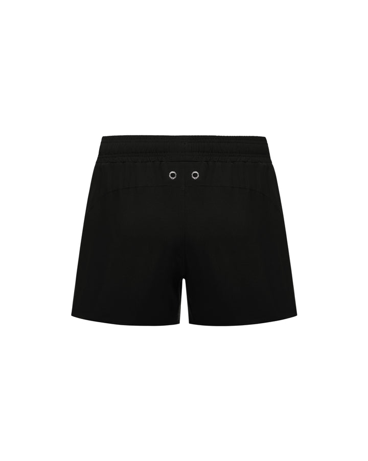 TEAM WANG design Original 1 Track Shorts in black, featuring an elasticated drawstring waistband and tonal logo print at the hip, shown flat against a white background - view 2