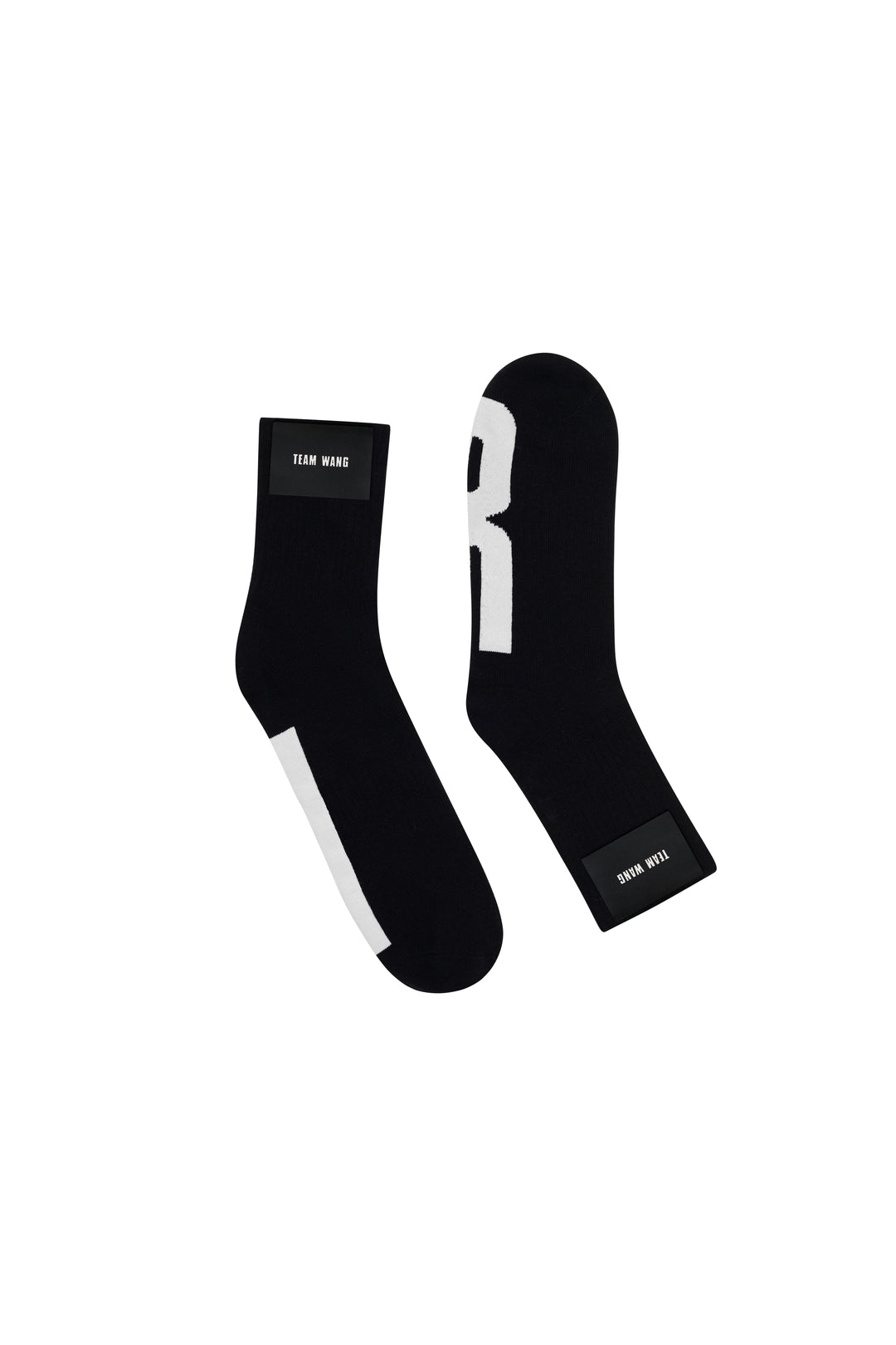 TEAM WANG design Original 1 Crew Socks in black with contrast white heel and woven brand label at the cuff, shown as a pair on a white background - view 2