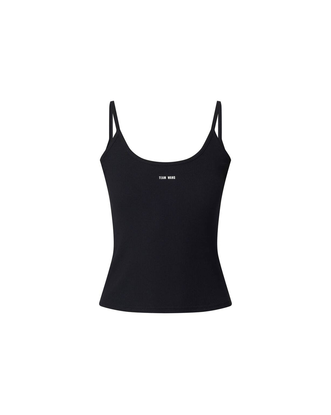 TEAM WANG design The Original 1 Camisole in black — front view of a fitted ribbed sleeveless tank with spaghetti straps and a scoop neckline, featuring a small TEAM WANG design logo at the centre chest