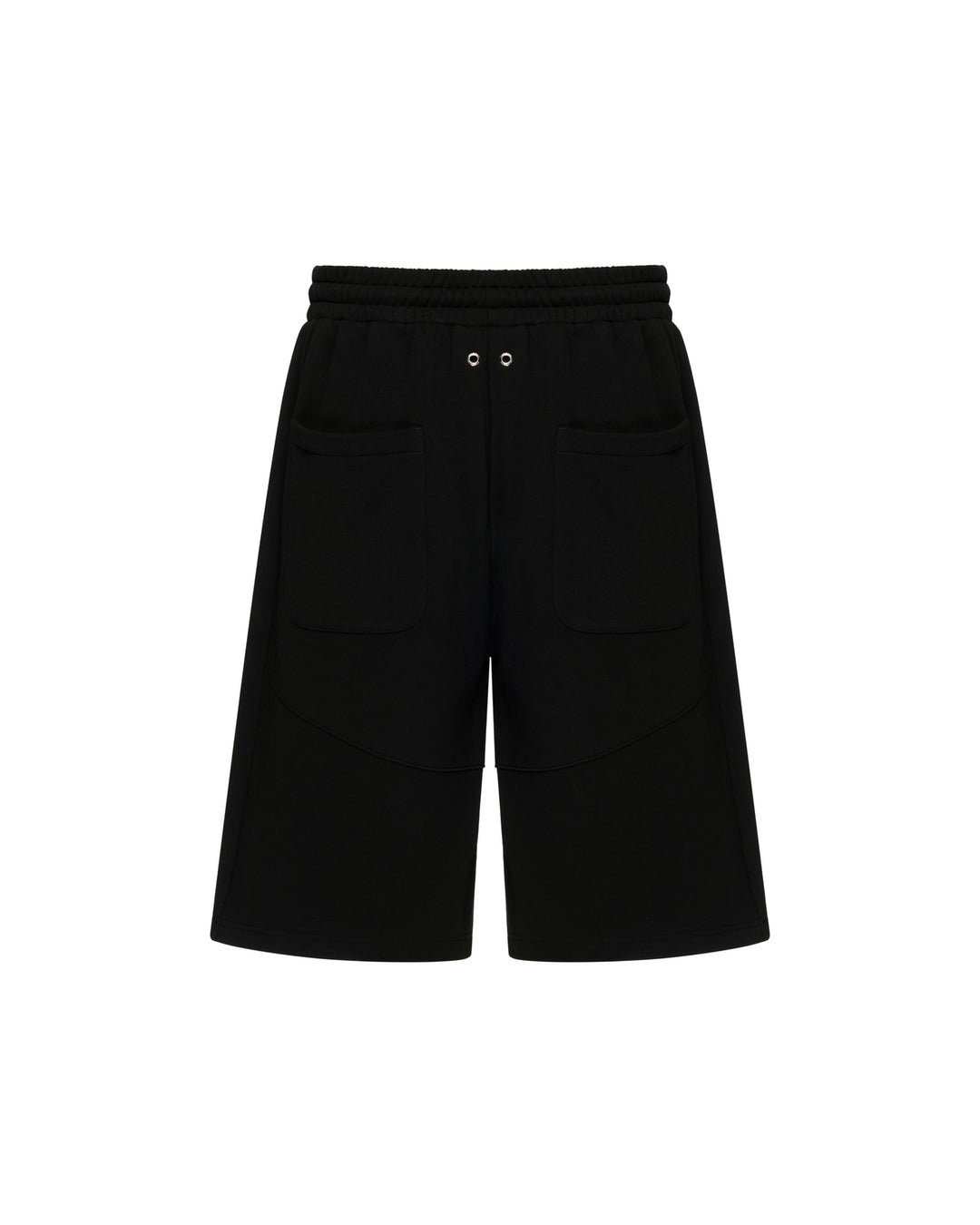 TEAM WANG design Original 1 Casual Shorts in black, featuring an elasticated drawstring waistband, zip side pockets, chevron panel seaming on the lower leg, and an embroidered logo at the hip - view 2