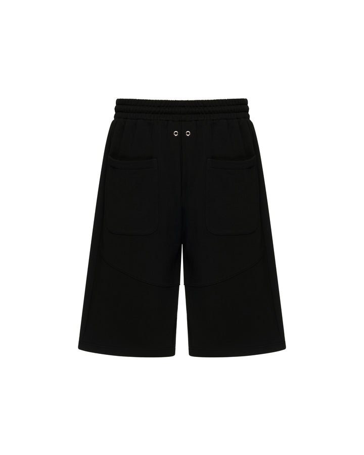 TEAM WANG design Original 1 Casual Shorts in black, featuring an elasticated drawstring waistband, zip side pockets, chevron panel seaming on the lower leg, and an embroidered logo at the hip - view 2