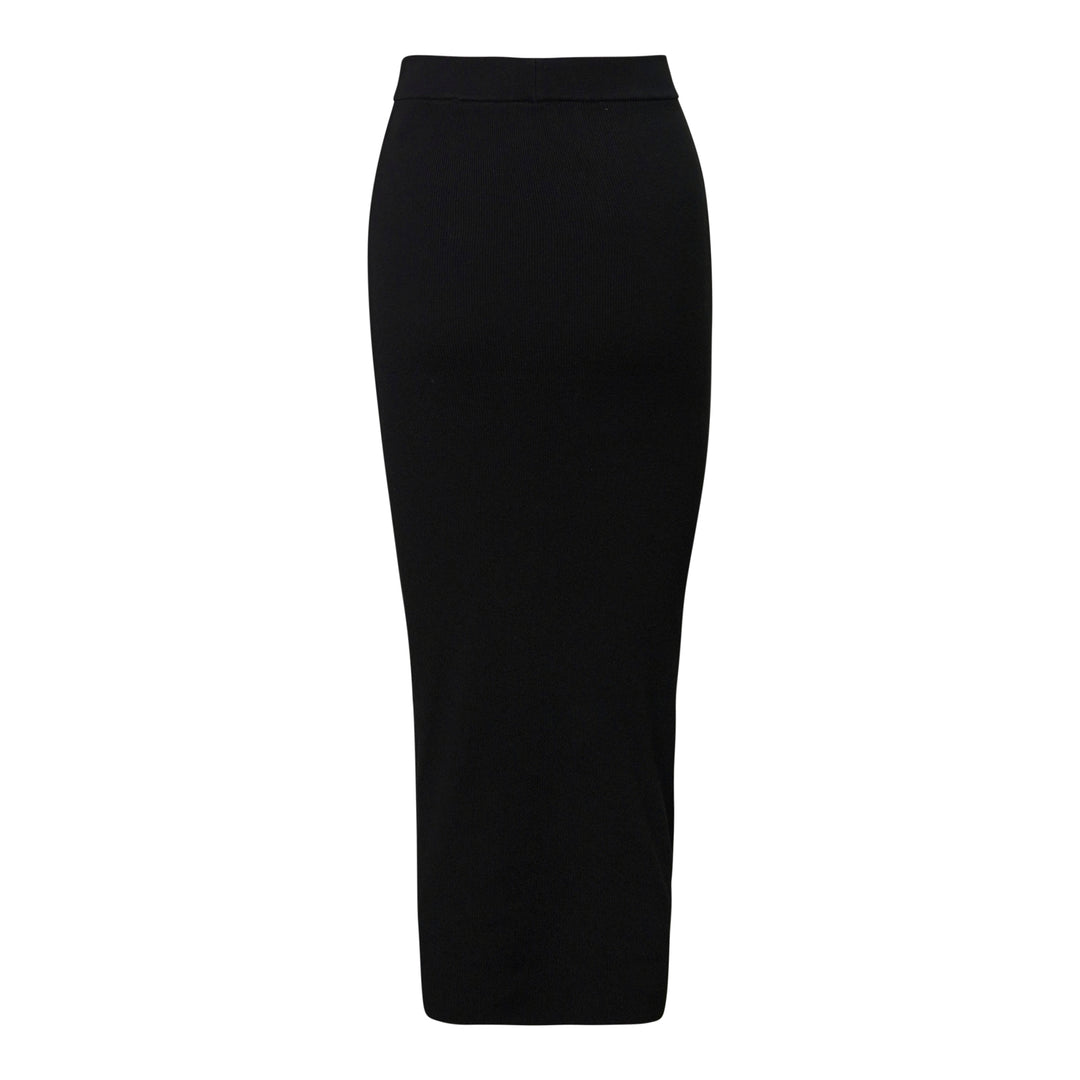Fear of God Essentials black rib knit long midi skirt with wide elasticated waistband and tonal rubber logo tab, flat lay on white background - view 2