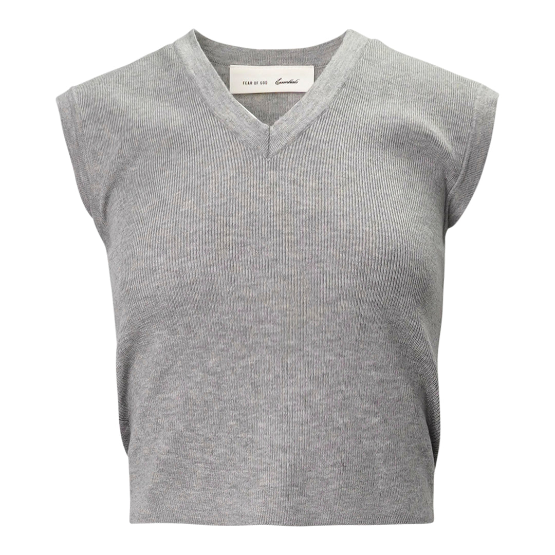Fear of God Essentials women's heather grey fine rib-knit sleeveless cropped top with a V-neckline and structured shoulders, displayed flat on a white background
