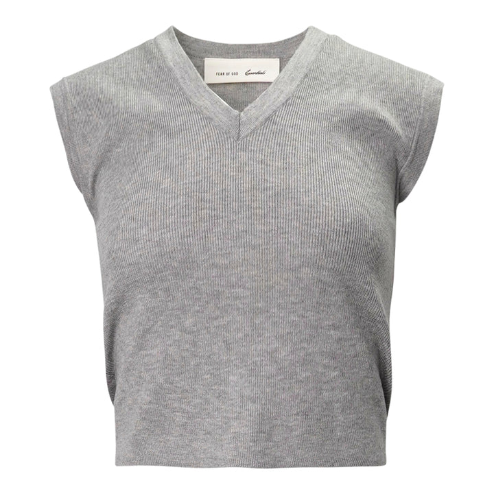 Fear of God Essentials women's heather grey fine rib-knit sleeveless cropped top with a V-neckline and structured shoulders, displayed flat on a white background