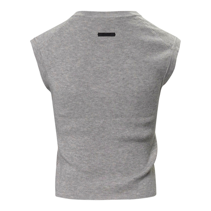 Fear of God Essentials women's heather grey fine rib-knit sleeveless cropped top with a V-neckline and structured shoulders, displayed flat on a white background - view 2