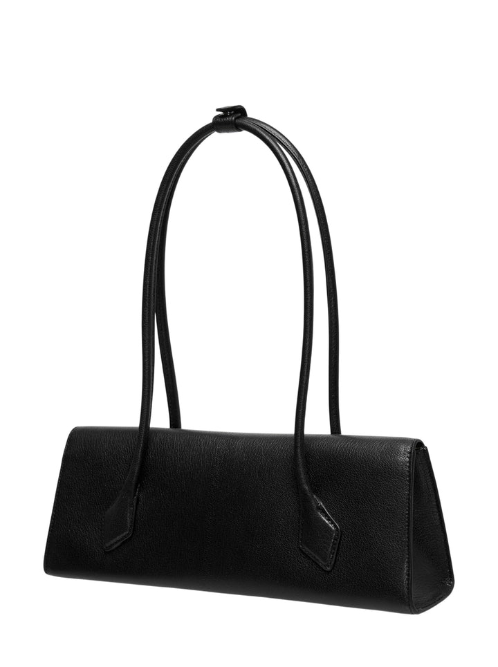 Alaïa Teckel Flap Medium shoulder bag in black shiny goatskin with elongated silhouette, V-point envelope flap closure, and twin handles fastened with a leather ring - view 2