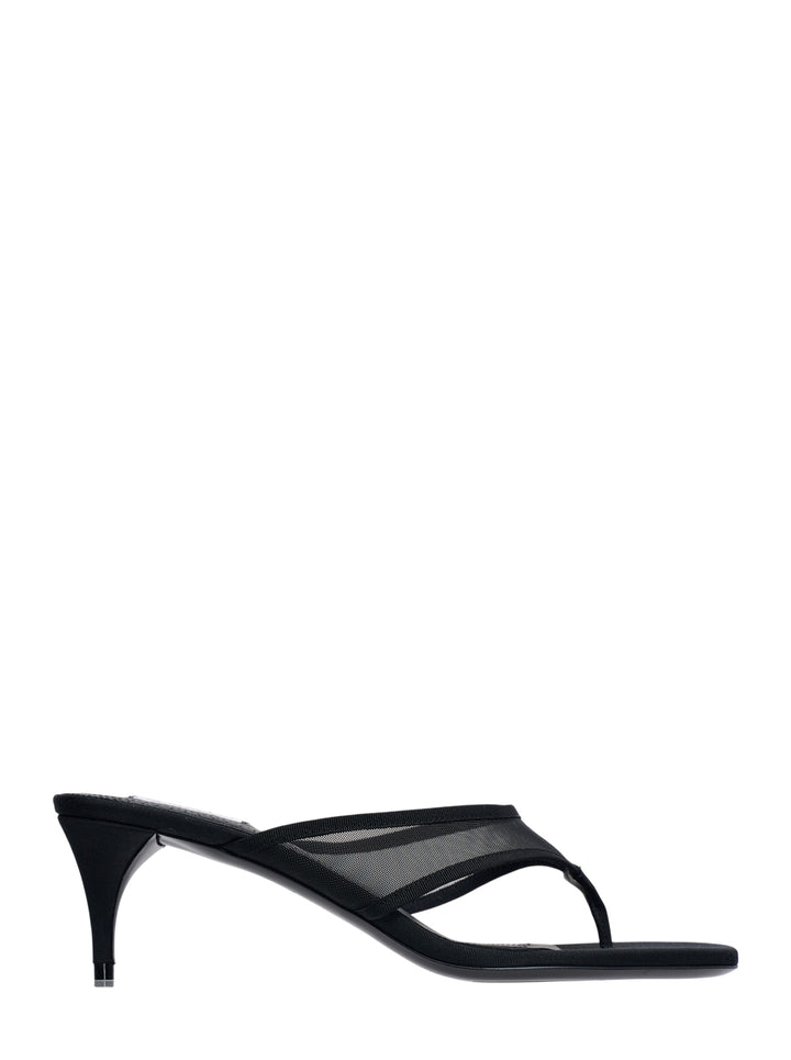 Alaïa Infra 55 black tulle and grosgrain thong sandal with a sculpted kitten heel and square toe, side profile view