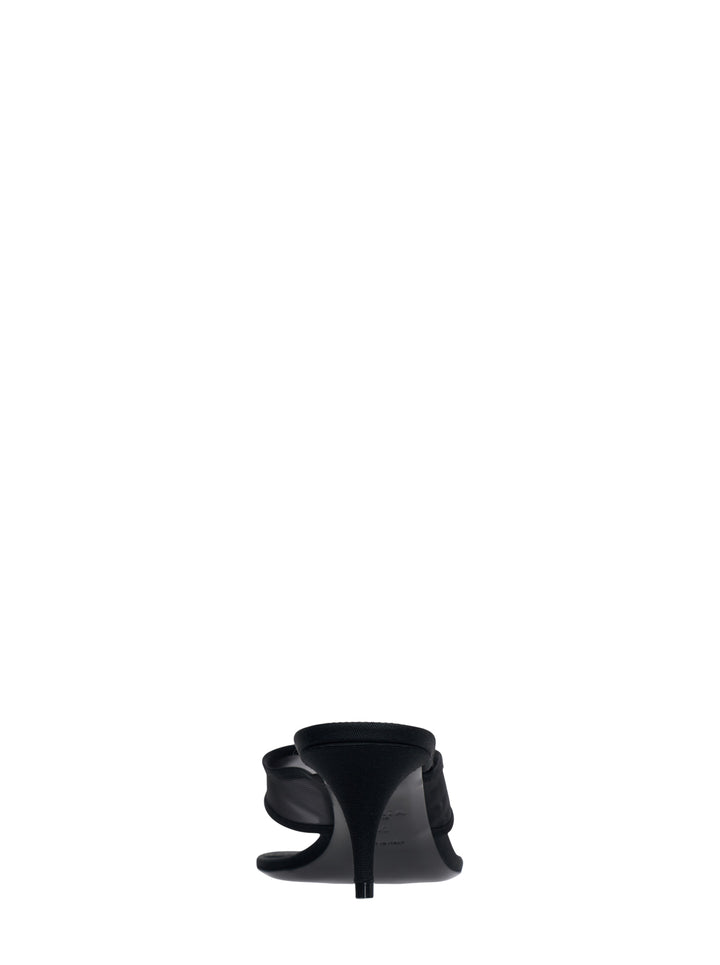 Alaïa Infra 55 black tulle and grosgrain thong sandal with a sculpted kitten heel and square toe, side profile view - view 3
